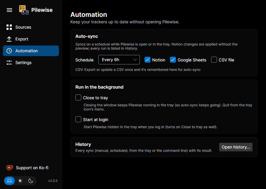 The Automation screen: sync schedule, tray and history.