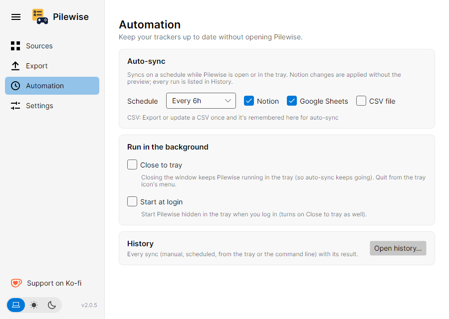 The Automation screen: sync schedule, tray and history.