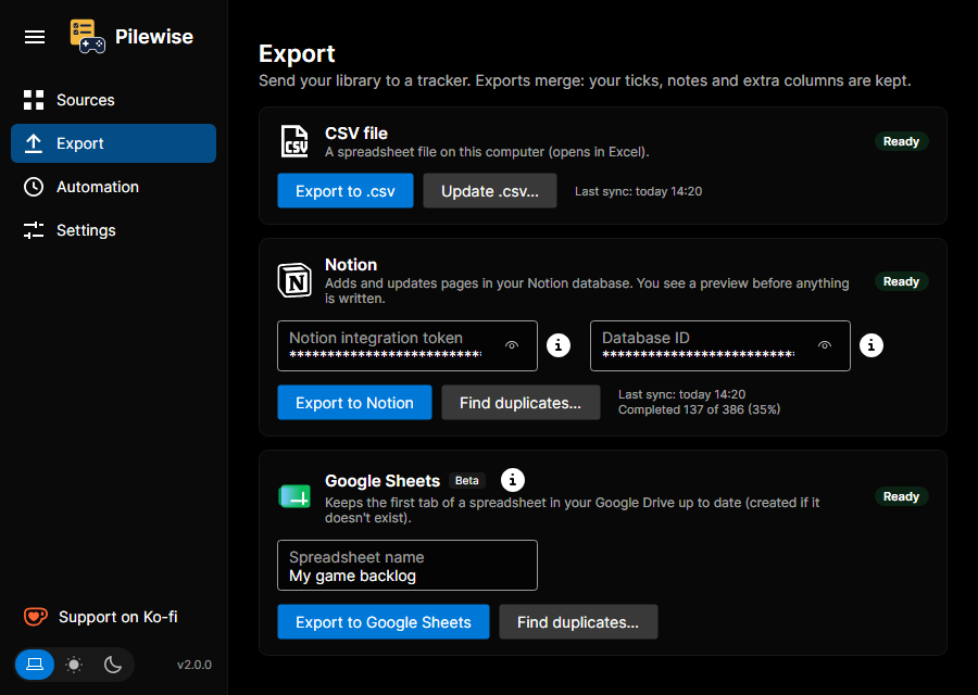 The Export screen with CSV, Notion and Google Sheets.