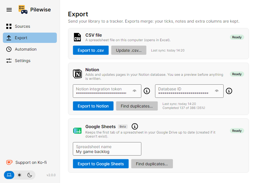 The Export screen with CSV, Notion and Google Sheets.